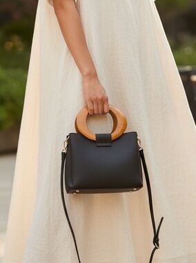 Black faux Leather crossbody Bag with gold and wood Accent